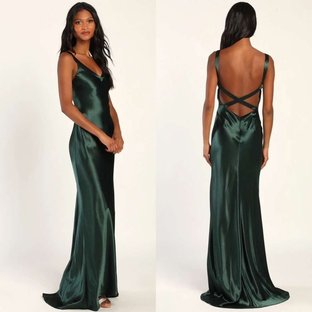 Lulus Perfectly Classy Emerald Green Satin Strappy Maxi Dress Wedding Party